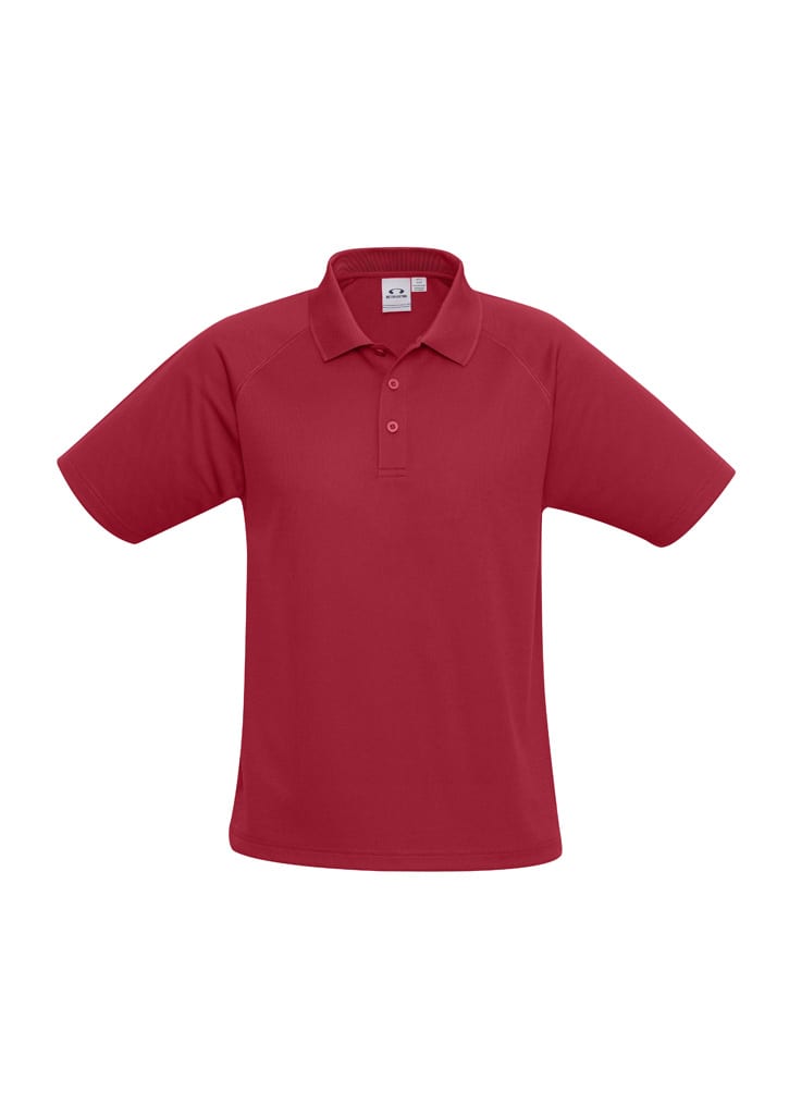 A red men's short sleeve polo shirt featuring a collar and logo.