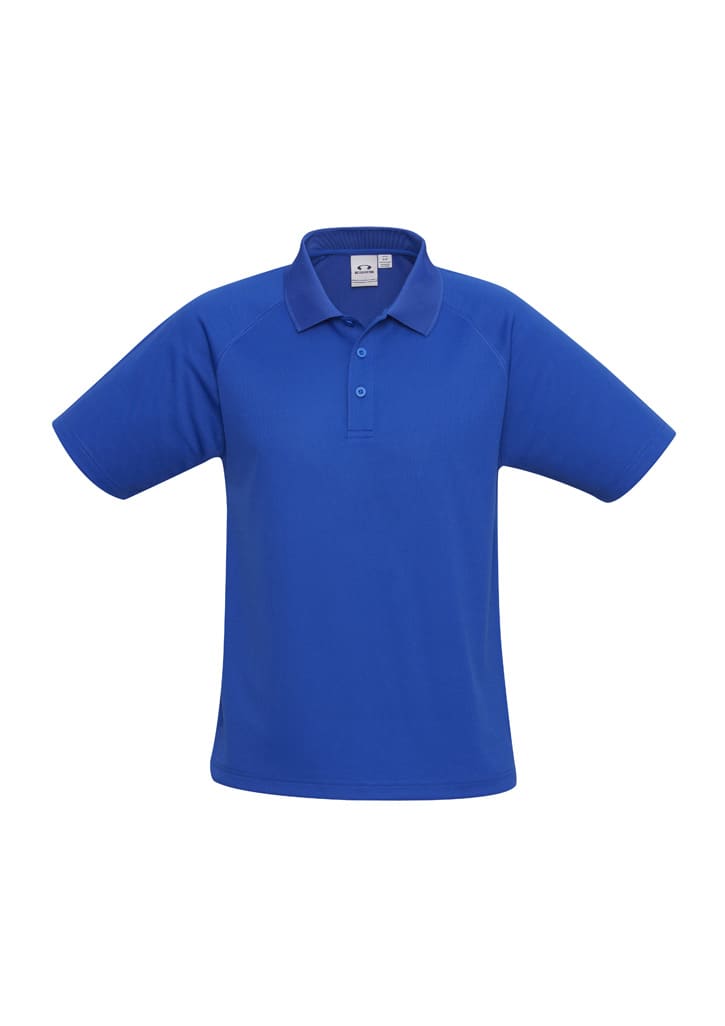 A blue men's short sleeve polo shirt featuring a collar and a logo on the chest.