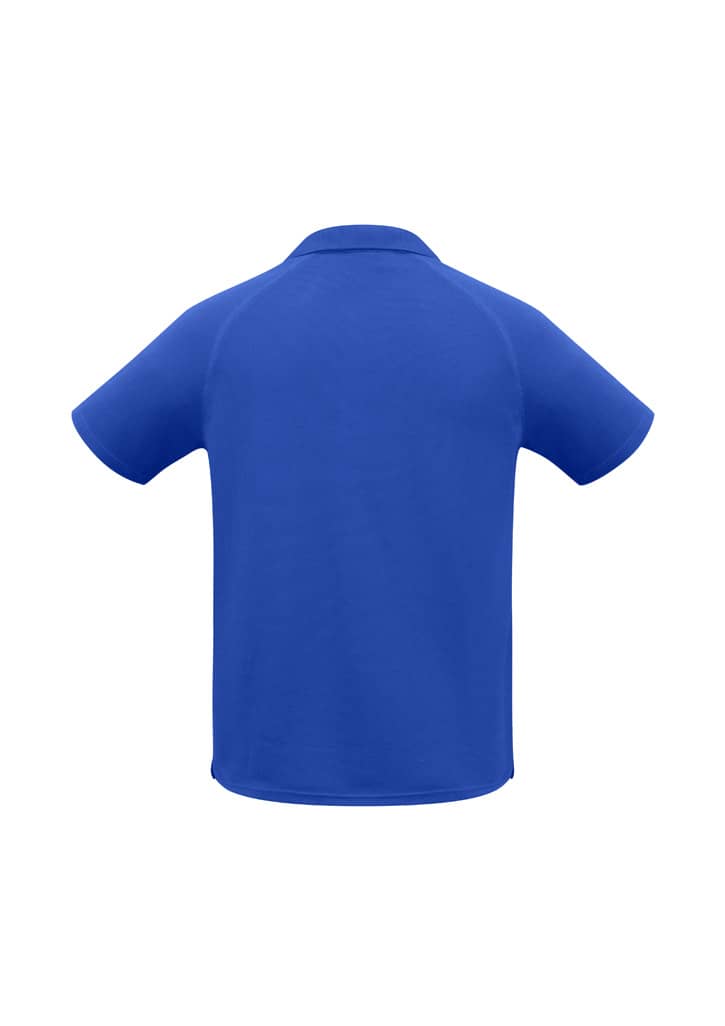 A blue men's short sleeve polo shirt featuring a simple design and a collar, with a logo on the back.