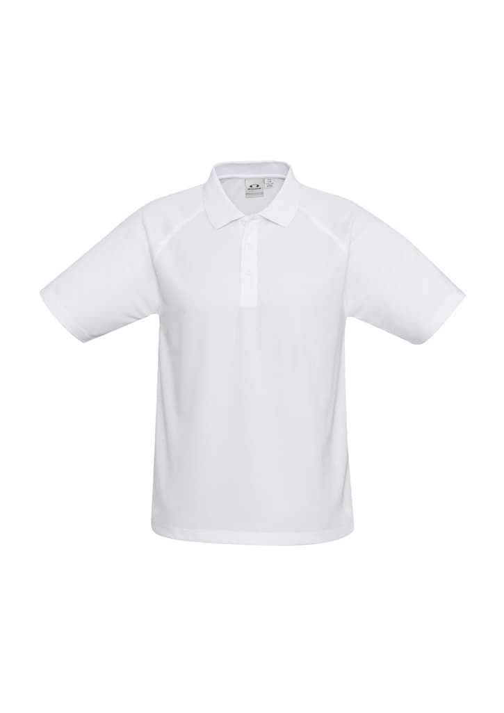 A white short sleeve polo shirt with a collar and logo. Suitable for casual and active wear.