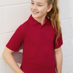 A red short sleeve polo shirt for kids, featuring a collar and a branding logo.