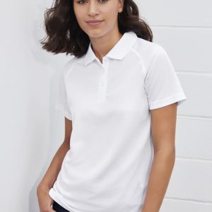 A white women's short sleeve polo shirt with a collar, featuring a logo and a fitted design.
