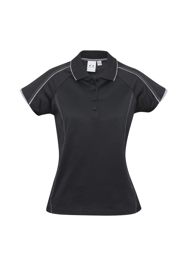 A black women's short sleeve polo shirt with contrast stitching and a logo on the label.