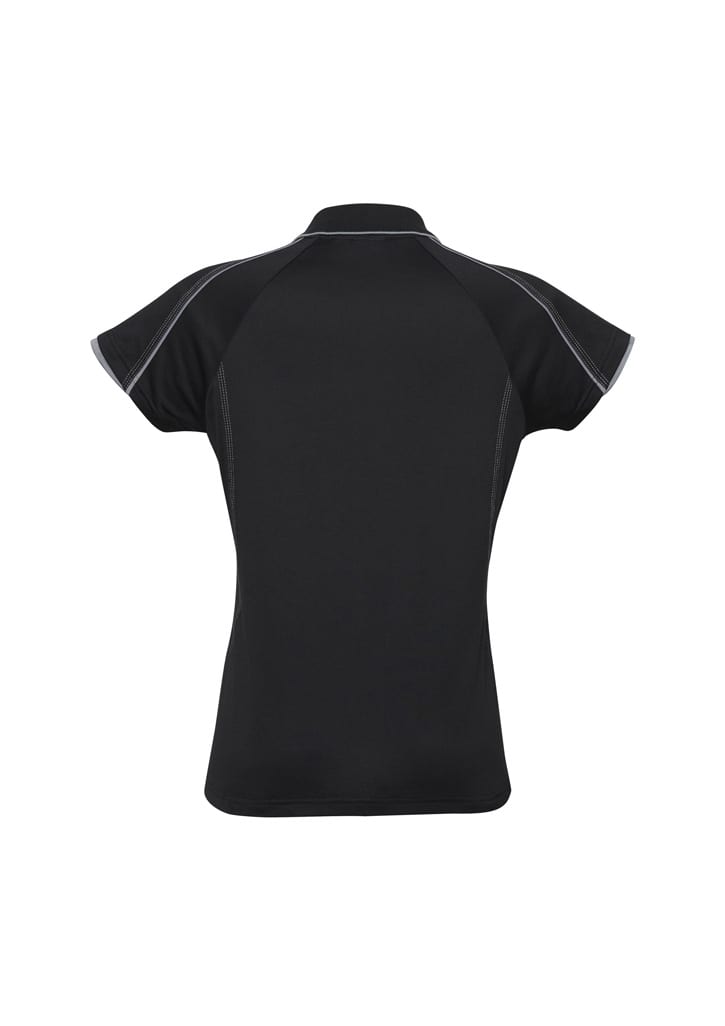 A black women's polo shirt featuring short sleeves and a fitted design, with a contrasting stitch line and a logo.