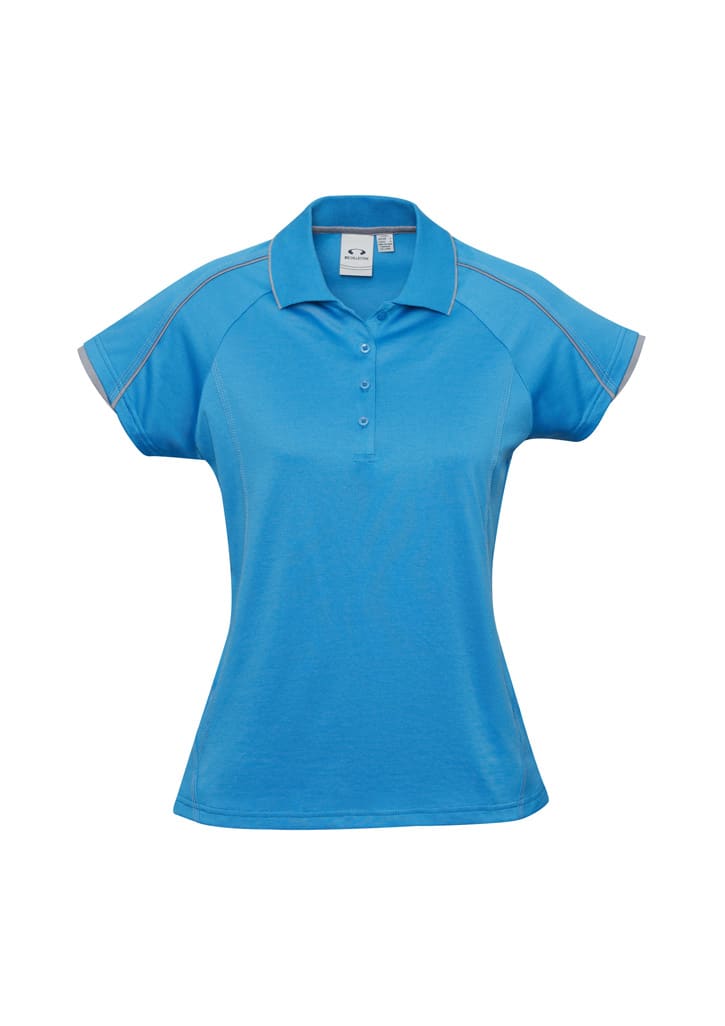 A women's short sleeve polo shirt in a vibrant blue colour with a logo on the chest.