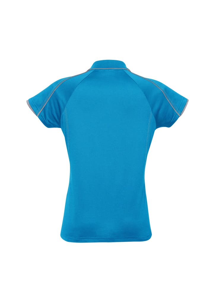 A women's short sleeve polo shirt in vibrant blue with a fitted design and contrasting stitching.