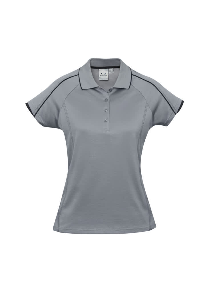 A women's short sleeve polo shirt in grey with black detailing and a logo.
