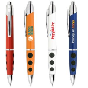 A collection of plastic pens in red, orange, white, and blue, each with a logo on the body.