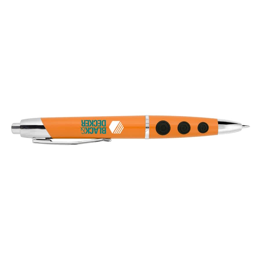 An orange plastic pen with a silver clip and accents, featuring a branding logo and three black buttons.