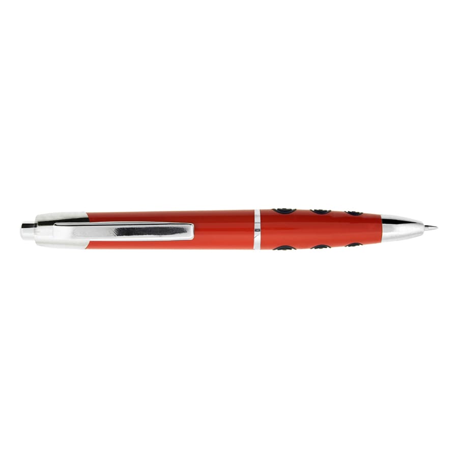A red plastic pen with a silver clip and black polka dots, featuring a branding logo.
