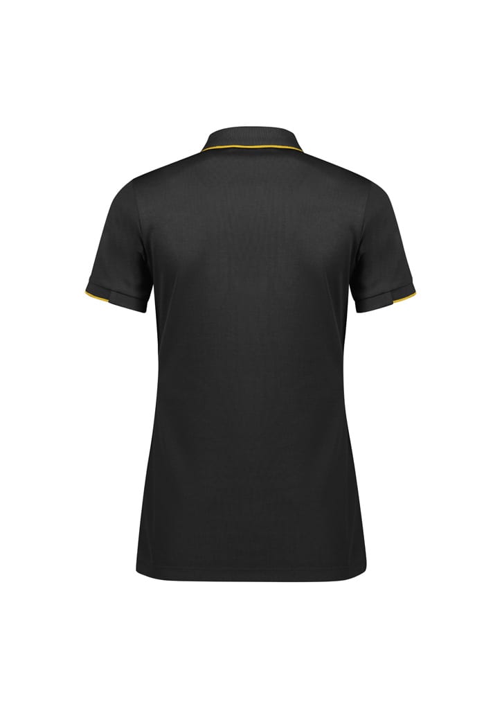A women's short sleeve polo shirt in black with yellow trim and a logo on the back.