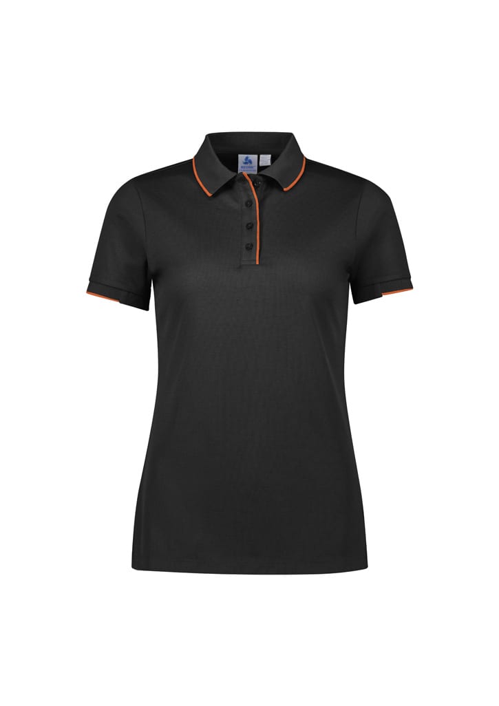 A women's black polo shirt with short sleeves and orange accents, featuring a collar and buttons.
