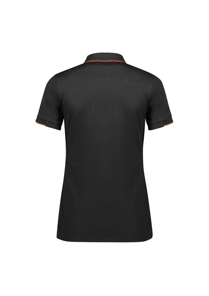 A black women's polo shirt with short sleeves and orange detailing, featuring a logo on the back.