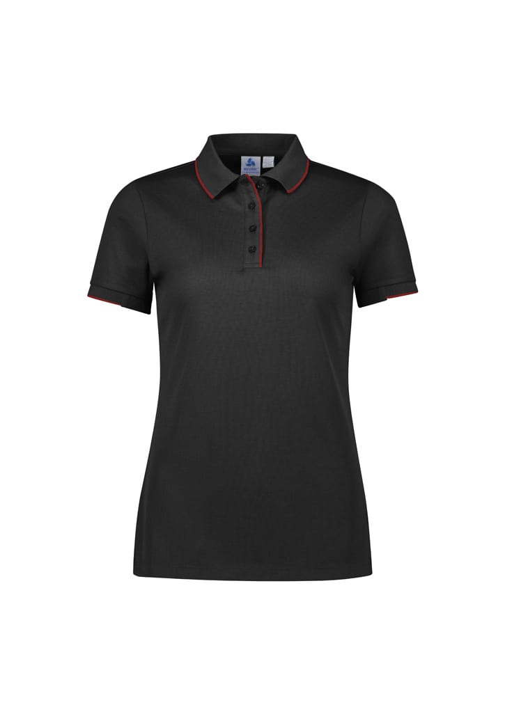 A black short sleeve polo shirt with red accents and a collar, featuring a logo.