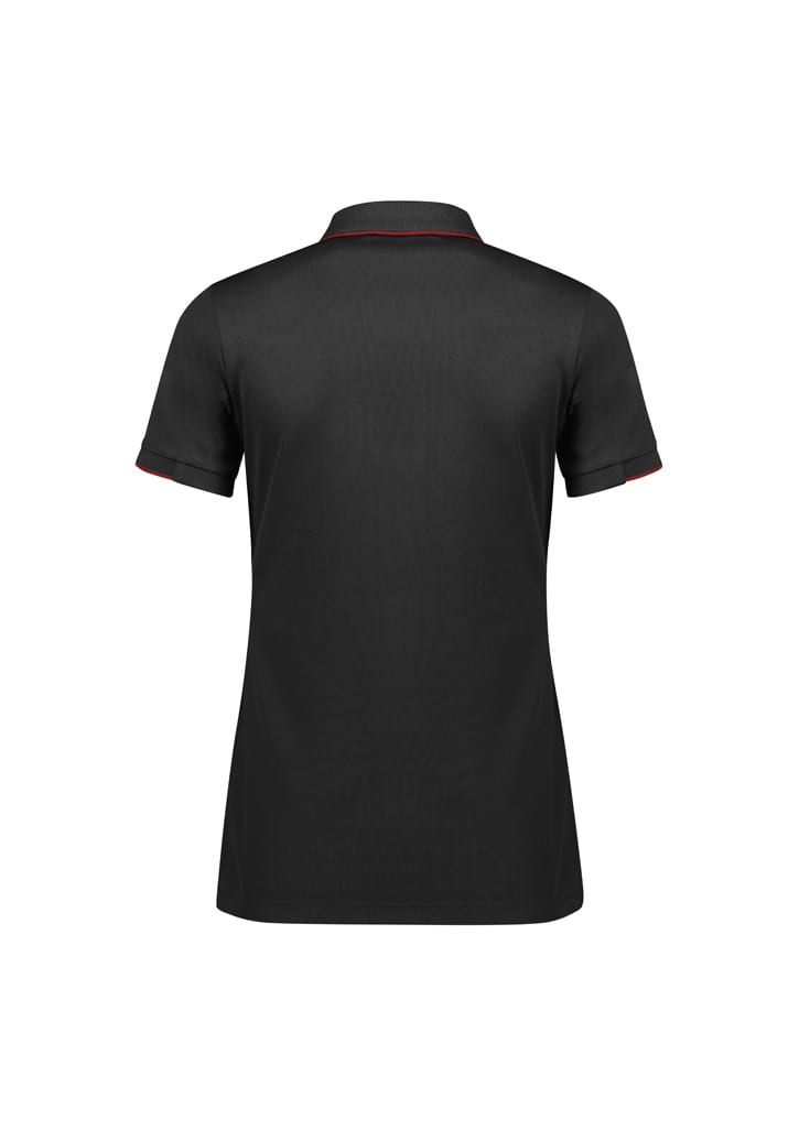 A black women's short sleeve polo shirt featuring contrasting trim and a logo.