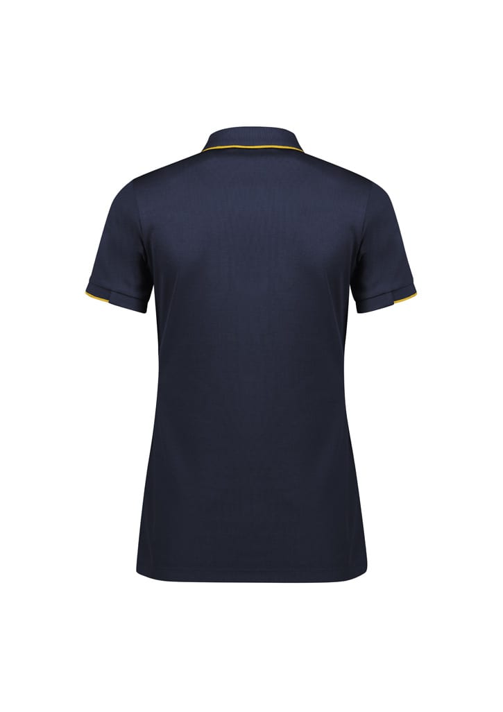 A navy women's short sleeve polo shirt featuring a contrasting collar and an unseen logo on the back.