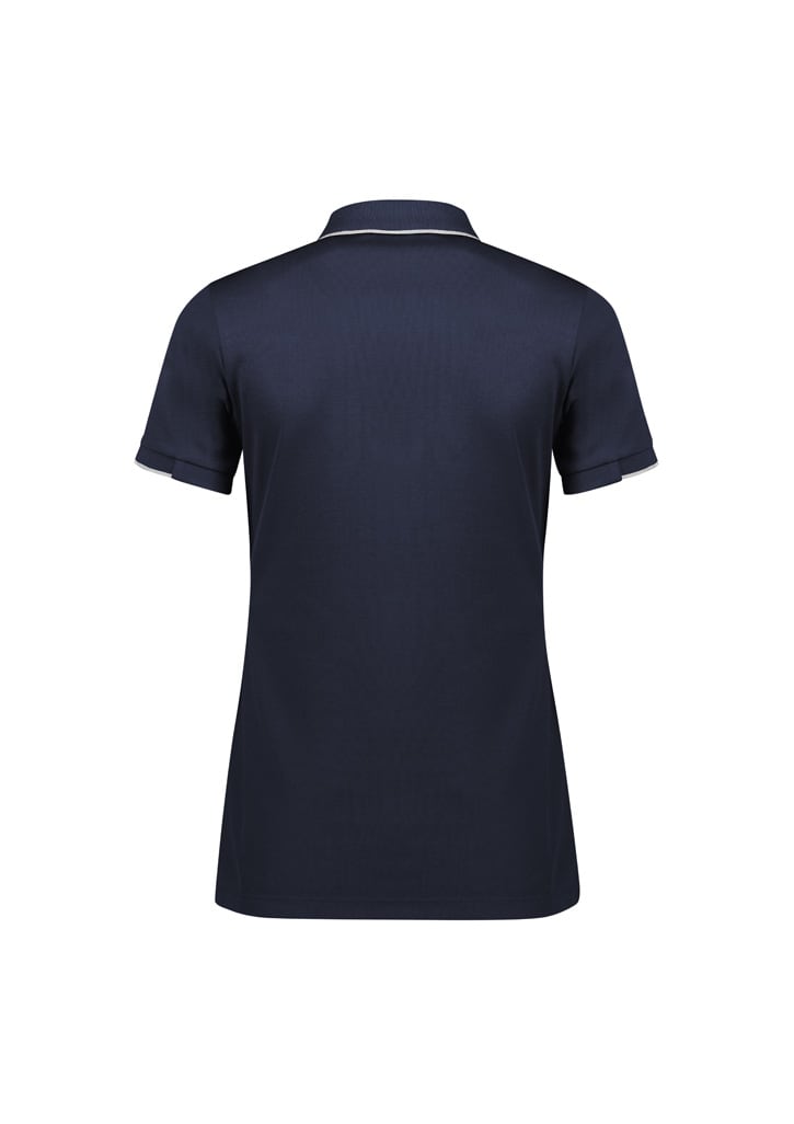 A navy blue women's short sleeve polo shirt with a collar and an embroidered logo.