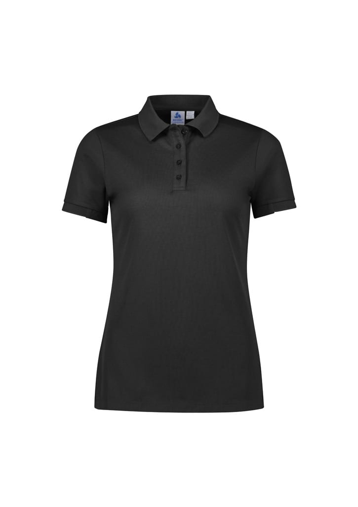 A navy women's short sleeve polo shirt featuring yellow trim and a logo on the chest.