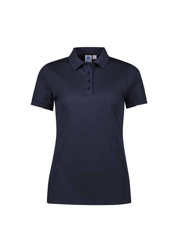 A black women's short sleeve polo shirt with a collar and buttons, featuring a logo.