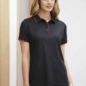 A black women's short sleeve polo shirt featuring red accents, with a collar and buttons.
