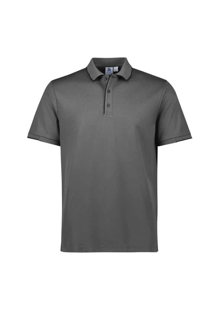 A black short sleeve polo shirt featuring orange accents and a logo on the chest.