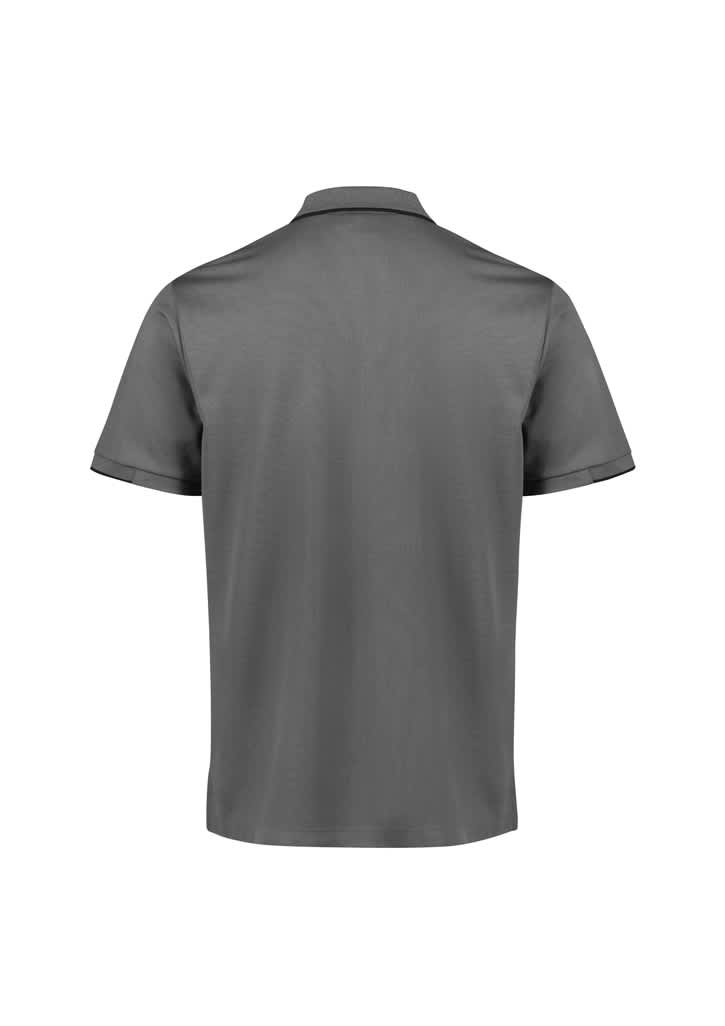 A black men's short sleeve polo shirt featuring contrasting orange trim and a logo on the back.