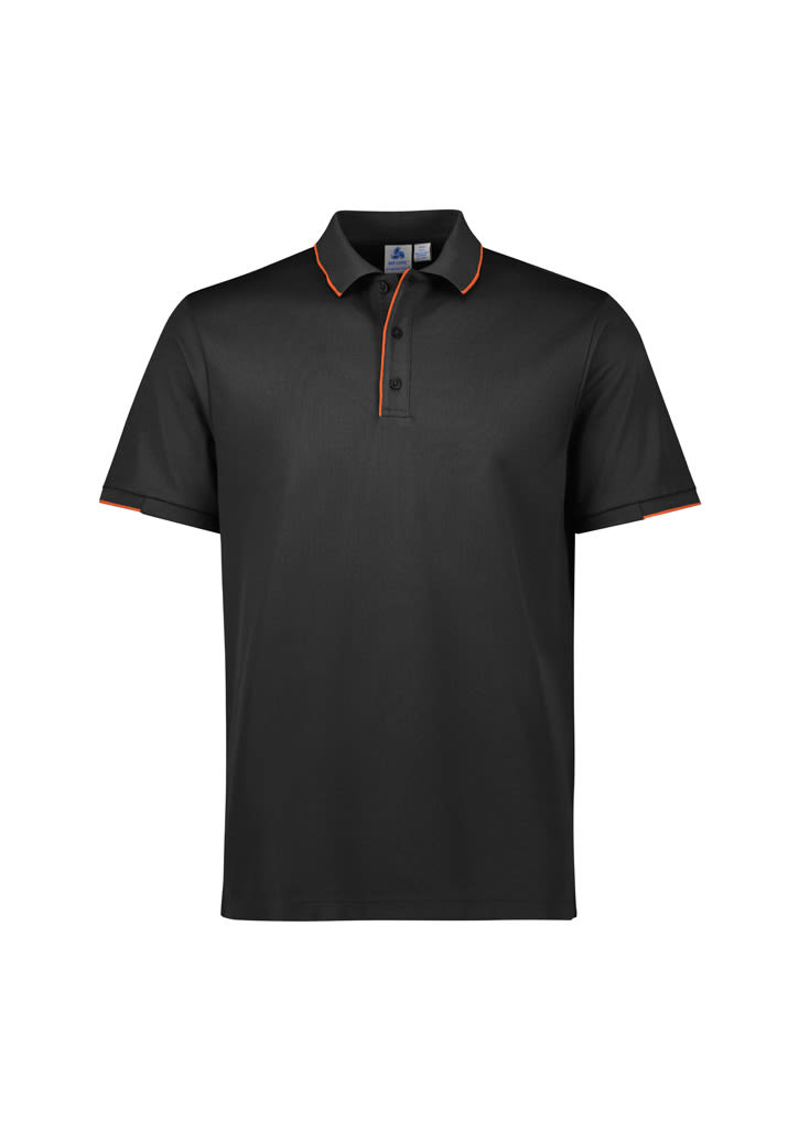 A black short sleeve polo shirt with red trim and a logo on the chest.