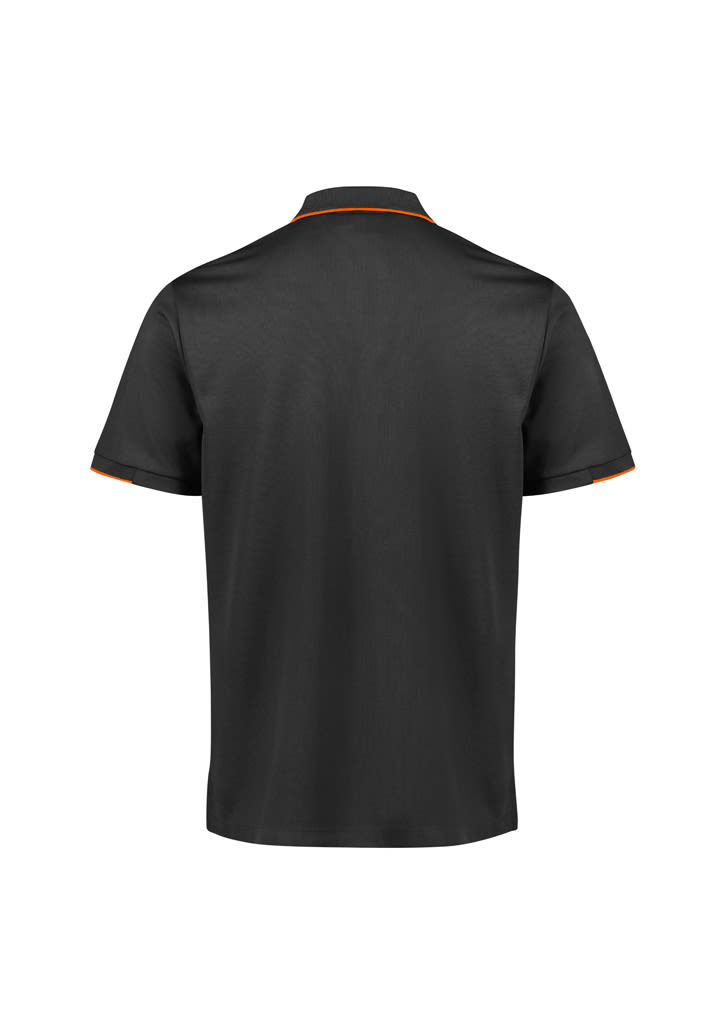 A black short sleeve polo shirt with contrasting trim and a logo on the chest. Plain back view.