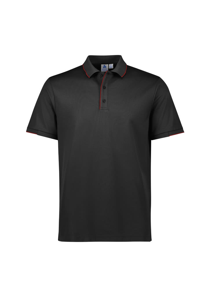 A black short sleeve polo shirt featuring a contrasting collar and logos. Suitable for casual or smart-casual wear.