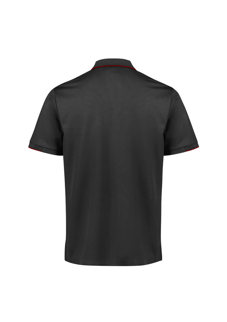 A black short sleeve polo shirt featuring a collar and a logo on the front.