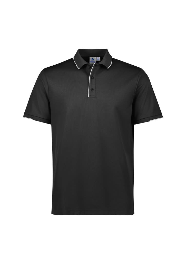 A navy short sleeve polo shirt with contrasting collar and sleeves, featuring a logo on the chest.