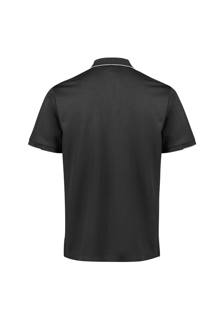 A navy short sleeve polo shirt with a collar and a back view. The shirt features a logo.