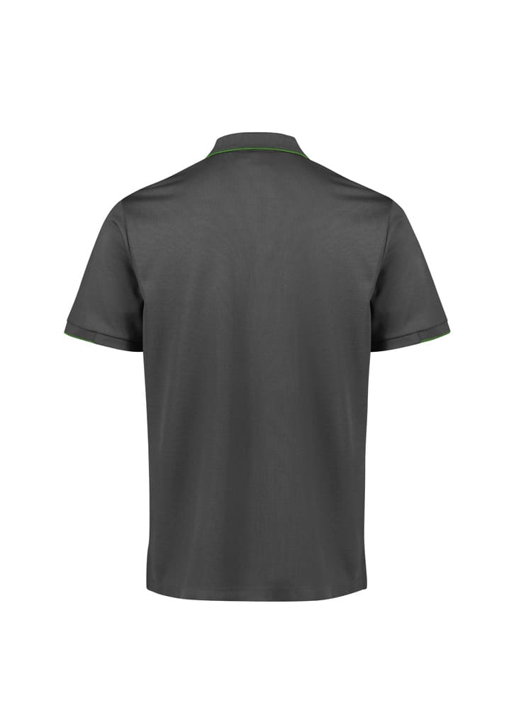 A grey short sleeve polo shirt with a collar and a logo on the back. Suitable for casual wear.