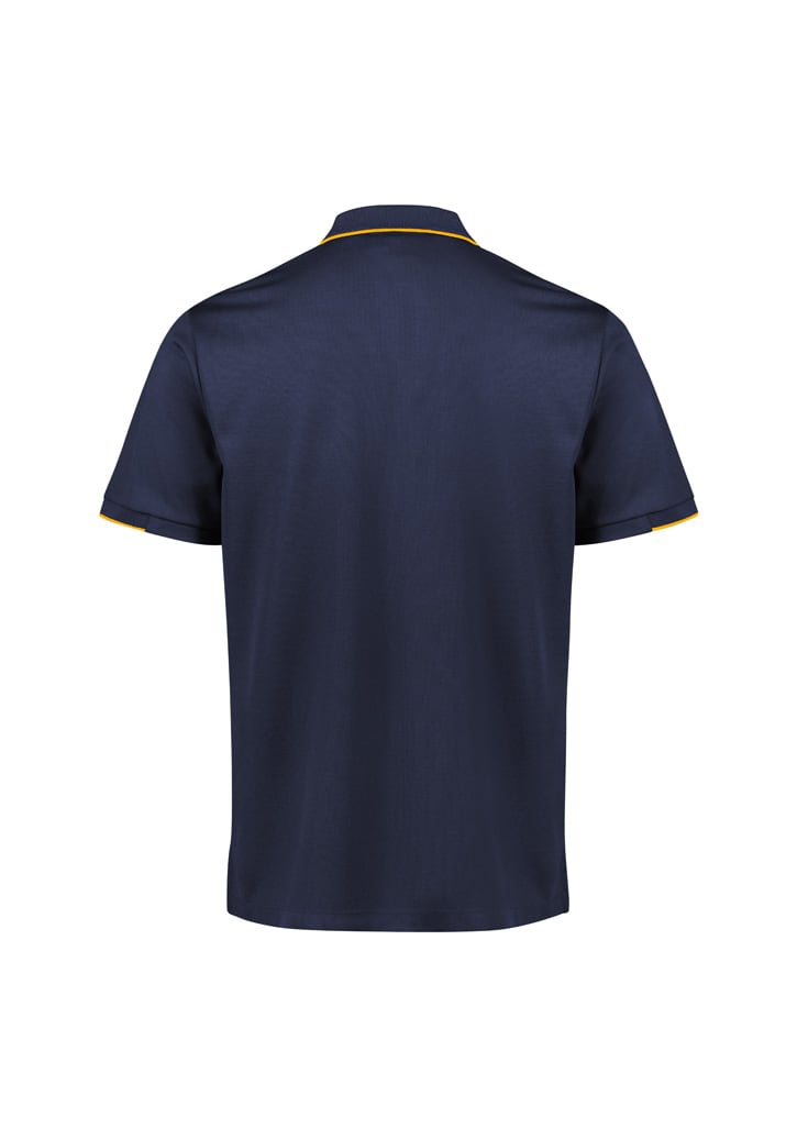 A navy blue men's short sleeve polo shirt with a subtle trim and a logo on the back.