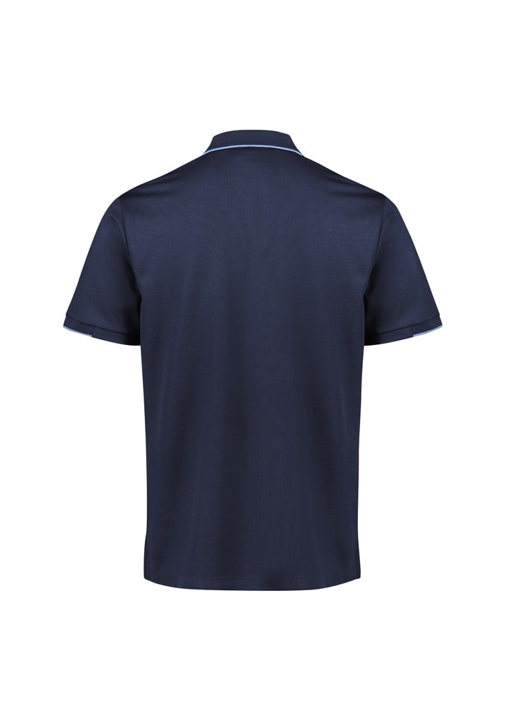 A grey men's short sleeve polo shirt with green detailing and a logo. Features a classic collar and a relaxed fit.