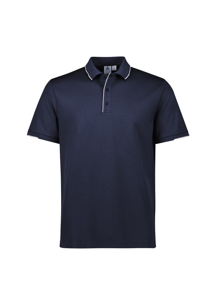 A black short sleeve polo shirt with yellow collar and button detailing, featuring a logo.
