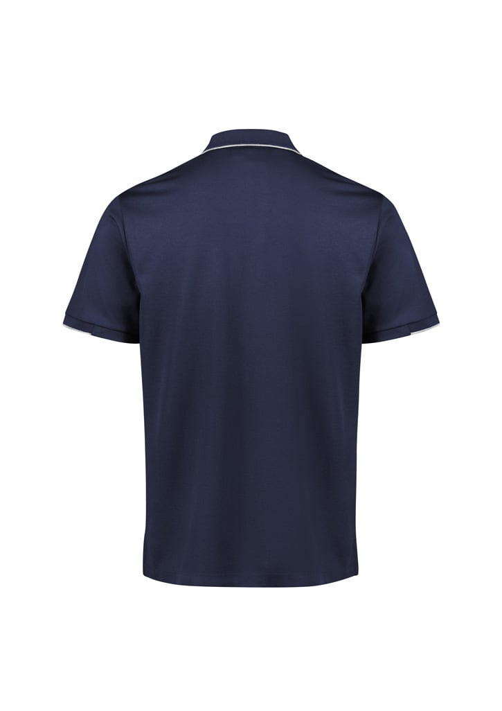 A black short sleeve polo shirt with yellow accents and a logo on the chest.
