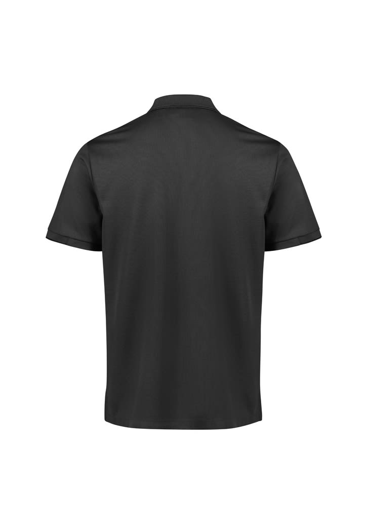 A black short sleeve polo shirt with a standard collar and a logo on the side.