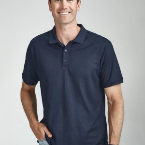 A navy blue short sleeve polo shirt with a collar and a logo, worn by a smiling man.