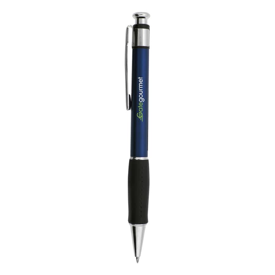 A blue plastic pen with a silver clip and black grip, featuring a logo on the barrel.