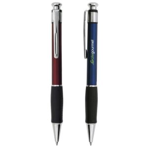 A promotional set of two plastic pens: one in burgundy with a silver trim, the other in blue with a black grip. Each has a logo.