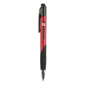 A red and black plastic pen with a grip section and a logo on the barrel.