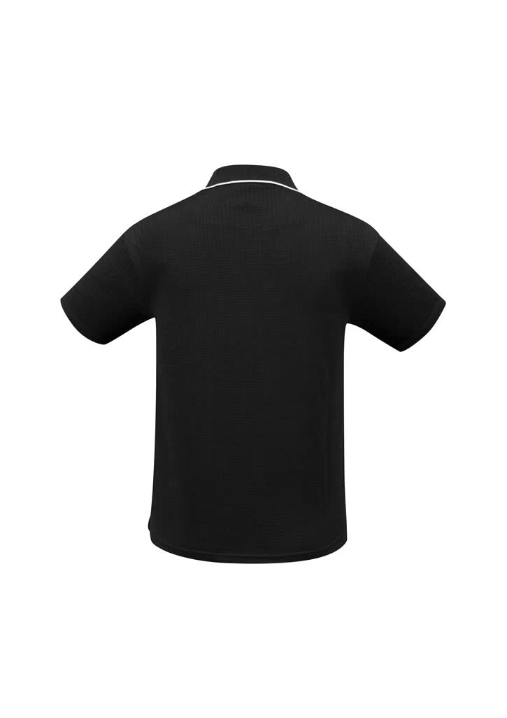 A black men's polo shirt with a short sleeve design and a subtle logo on the back.