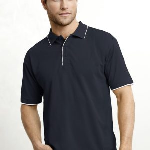 A short sleeve polo shirt in navy blue with white trim, featuring a collar and a logo. Styled on a male model.