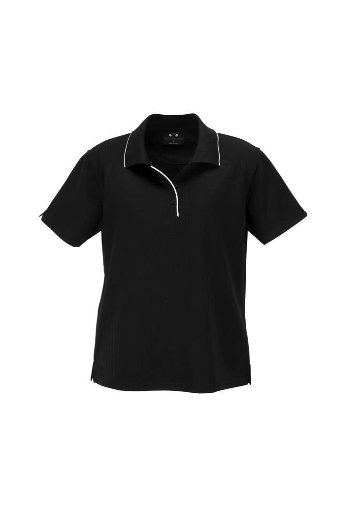 A short sleeve polo shirt in black with a contrasting collar and a logo.