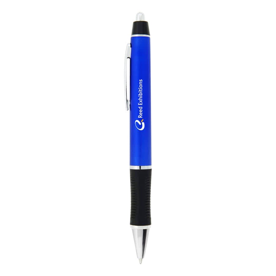 A blue plastic pen with a silver clip, featuring a black rubber grip and a logo.