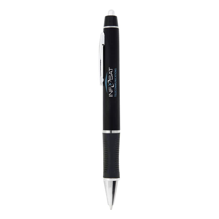 A black plastic pen with a silver tip and a textured grip. It has a logo on the barrel.