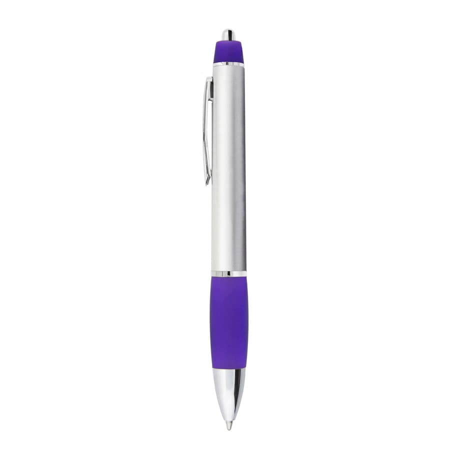 A metal pen with a silver barrel and a purple grip, featuring a clip and a logo.