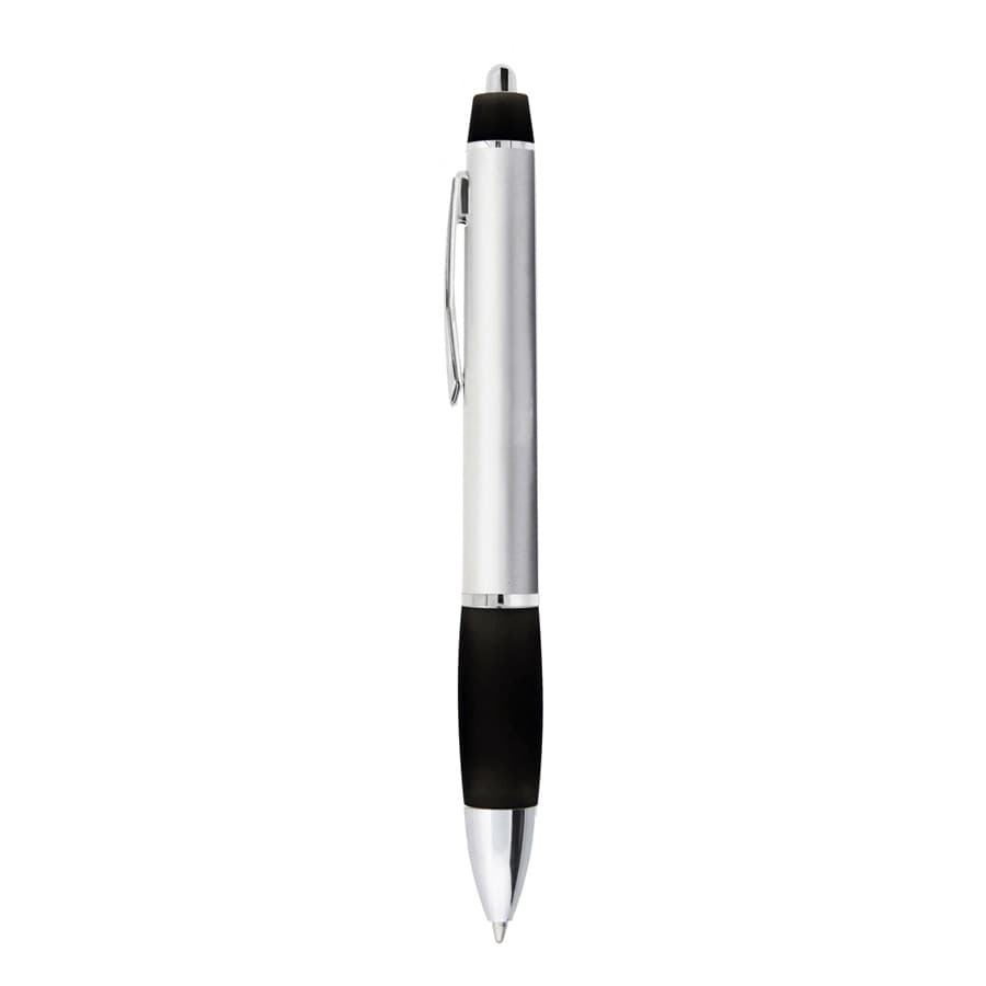 A metal pen featuring a sleek silver body and a black grip, with a logo visible on the barrel.