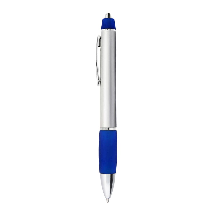 A metal pen in silver with a blue grip and a blue tip, featuring a clip and a logo.